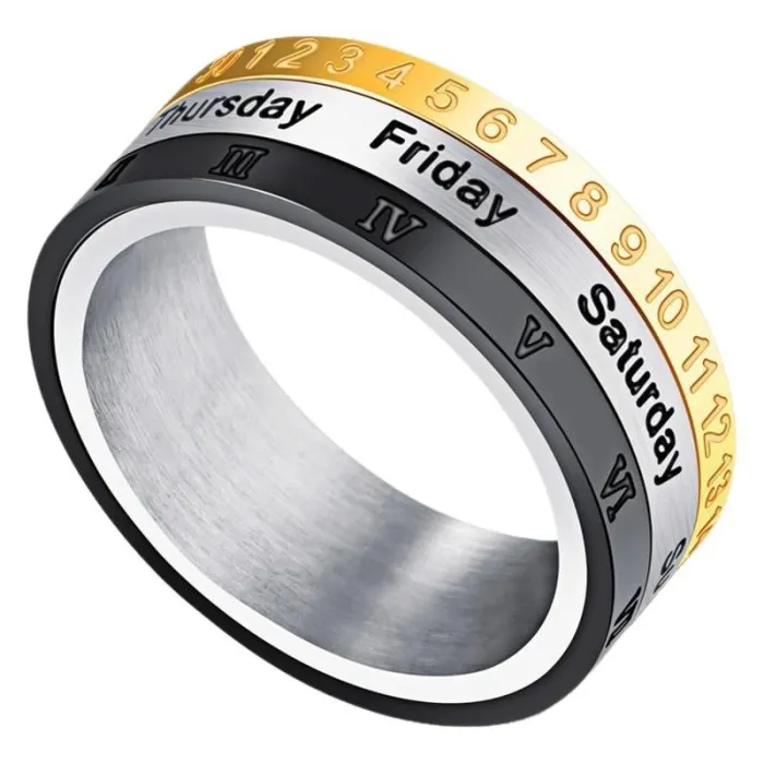 Wholesale Three-Tone Roman Numeral Calendar Spinner Ring – Stainless Steel Rotating Band Factory Price