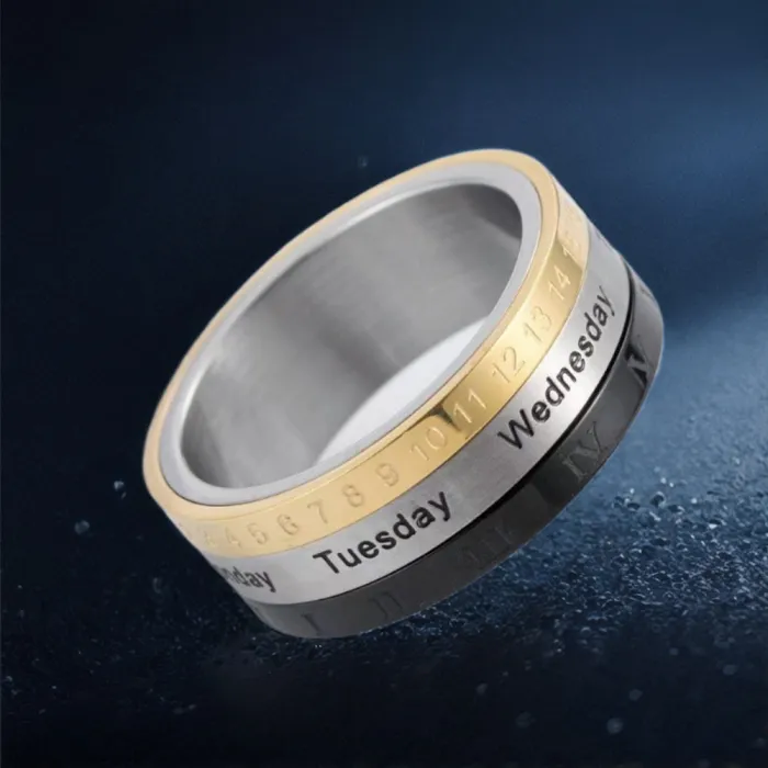 Wholesale Three-Tone Roman Numeral Calendar Spinner Ring – Stainless Steel Rotating Band Factory Price