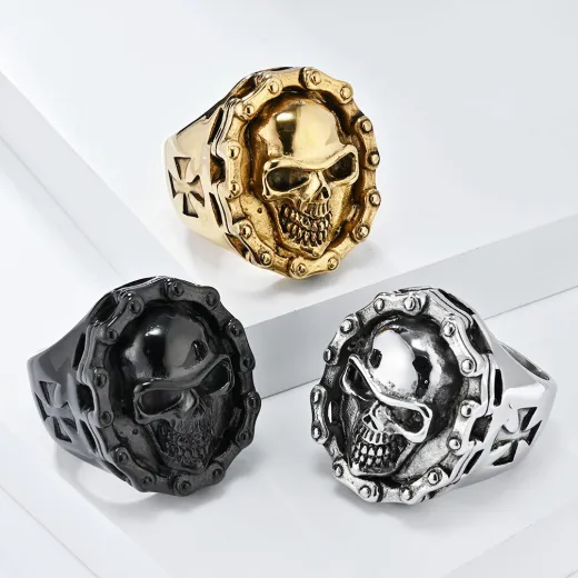 Wholesale Vintage Biker Skull Chain Ring – Stainless Steel Hip Hop Men’s Band Factory Price - Ulikings